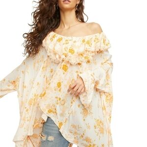 Free People Floral‎ Ruffle Trim Long Sleeve Button Up Blouse Womens L